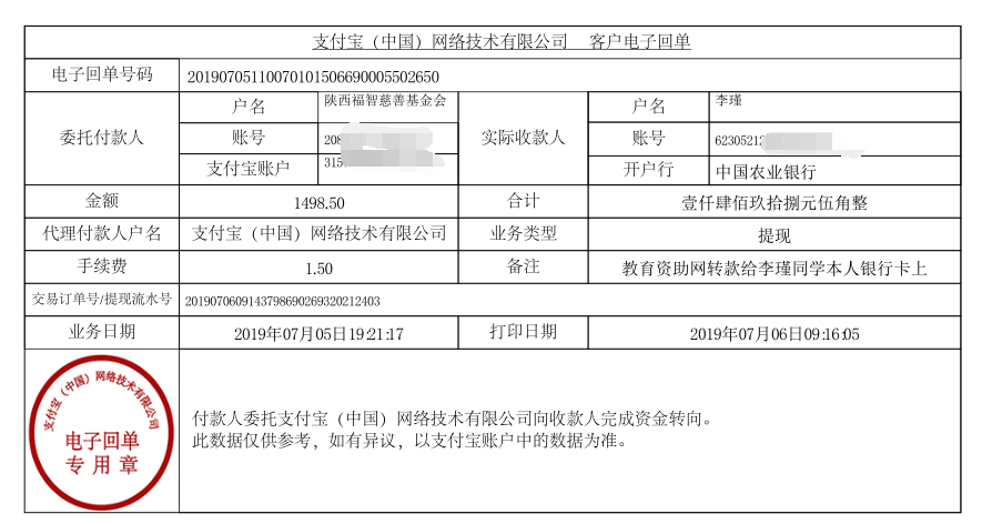 教育资助网给李瑾同学转款的电子回单