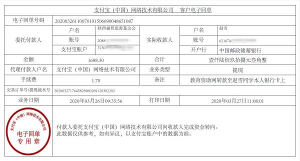 教育资助网给赵雪同学转款的电子回单