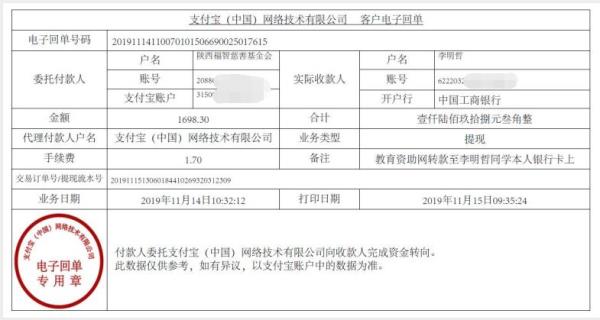 教育资助网转款给李明哲同学的电子回单