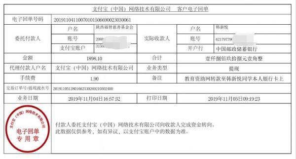 教育资助网转款给韩佳倚同学的电子回单
