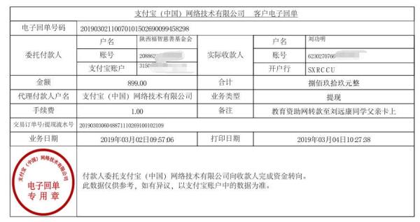 天禾一对一教育资助项目转款给刘远康同学的电子回单