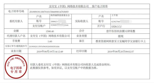 教育资助网转款给王安楠同学的电子回单