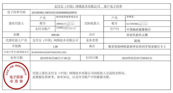 天禾一对一教育资助项目转款给李志欢同学的电子回单	