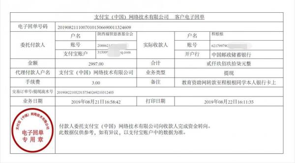 教育资助网转款给程根根同学的电子回单
