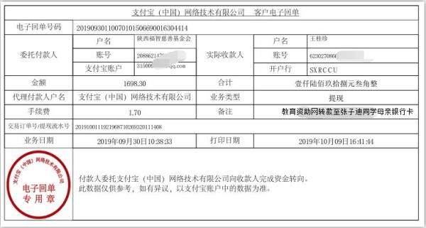 教育资助网转款给张子迪同学的电子回单