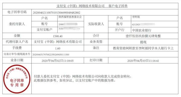 教育资助网给李阿娟同学转款的电子回单