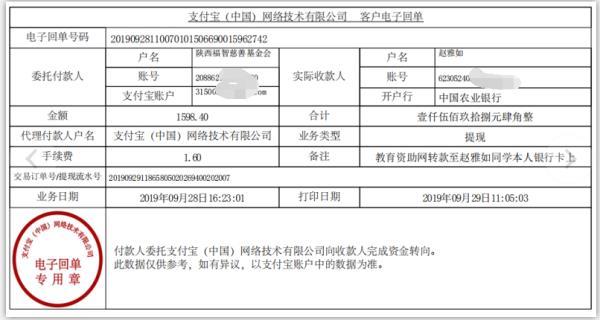 教育资助网转款给赵雅如同学的电子回单