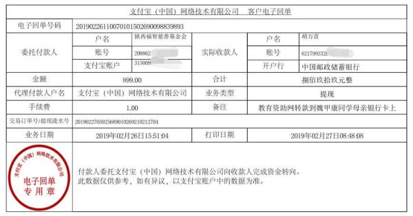 天禾一对一教育资助项目转款给魏甲康同学的电子回单