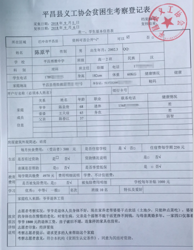 平昌县义工协会登记陈原平同学家庭情况信息