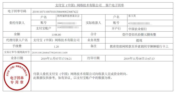 教育资助网转款给乔素娟同学的电子回单