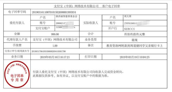 天禾一对一教育资助项目转款给周道健同学的电子回单