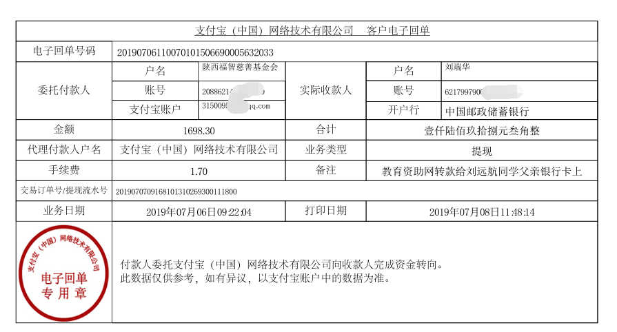 教育资助网给刘远航同学转款的电子回单