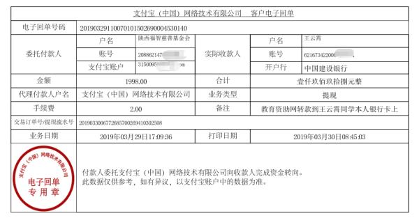 天禾一对一教育资助项目转款给王云霄同学的电子回单