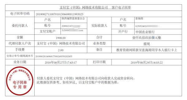 教育资助网转款给张海涛同学的电子回单