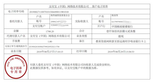 教育资助网转款给彭远涛同学的电子回单