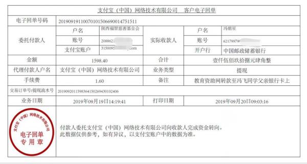 教育资助网转款给冯飞同学的电子回单