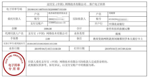 天禾一对一教育资助项目转款给刘晓蓉同学的电子回单