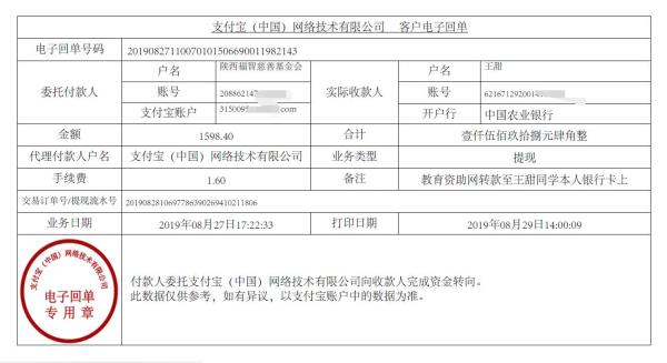 教育资助网转款给王甜同学的电子回单