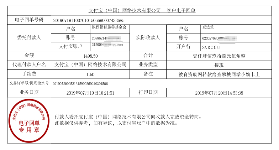 教育资助网给查攀城同学转款的电子回单