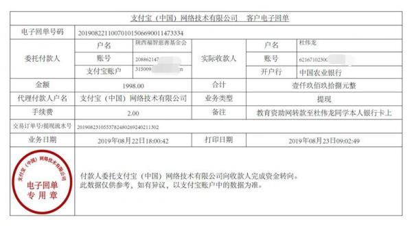 教育资助网转款给杜伟龙同学的电子回单