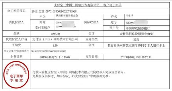 教育资助网转款给田学烨同学的电子回单