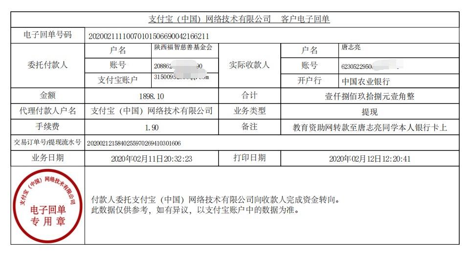 教育资助网给唐志亮同学转款的电子回单