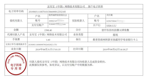 教育资助网转款给徐露同学的电子回单