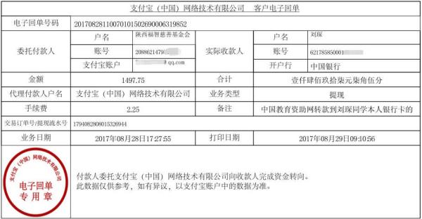 为刘琛同学转款凭证