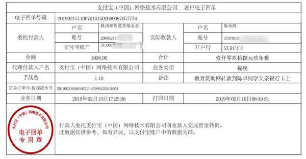 天禾一对一教育资助项目转款给陈卓同学的电子回单	