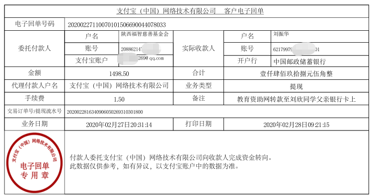 教育资助网给刘欣同学转款的电子回单