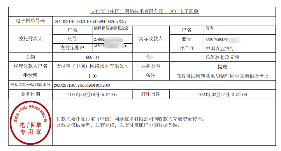 教育资助网给胡铭轩同学转款的电子回单