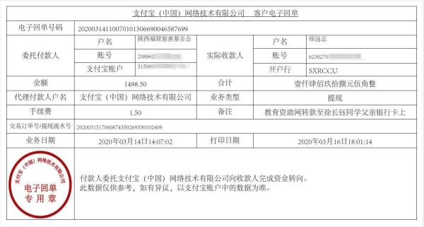 教育资助网给徐长钰同学转款的电子回单
