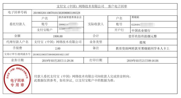 天禾一对一教育资助项目转款给栗晓娟同学的电子回单