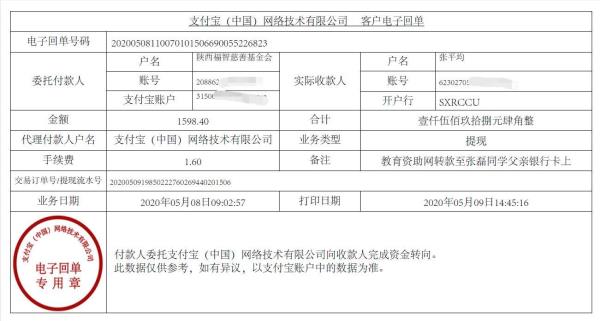 教育资助网给张磊同学转款的电子回单