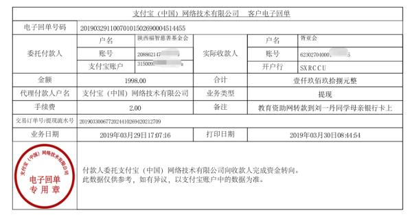 天禾一对一教育资助项目转款给刘一丹同学的电子回单	