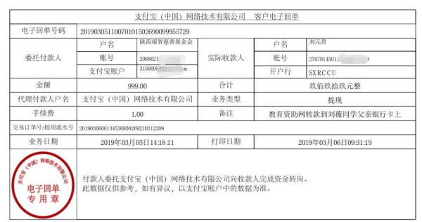 天禾一对一教育资助项目转款给刘薇同学的电子回单