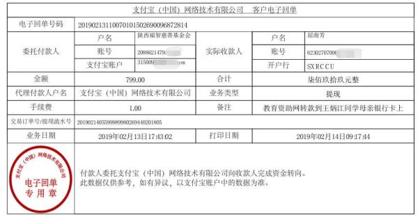 天禾一对一教育资助项目转款给王炳江同学的电子回单	