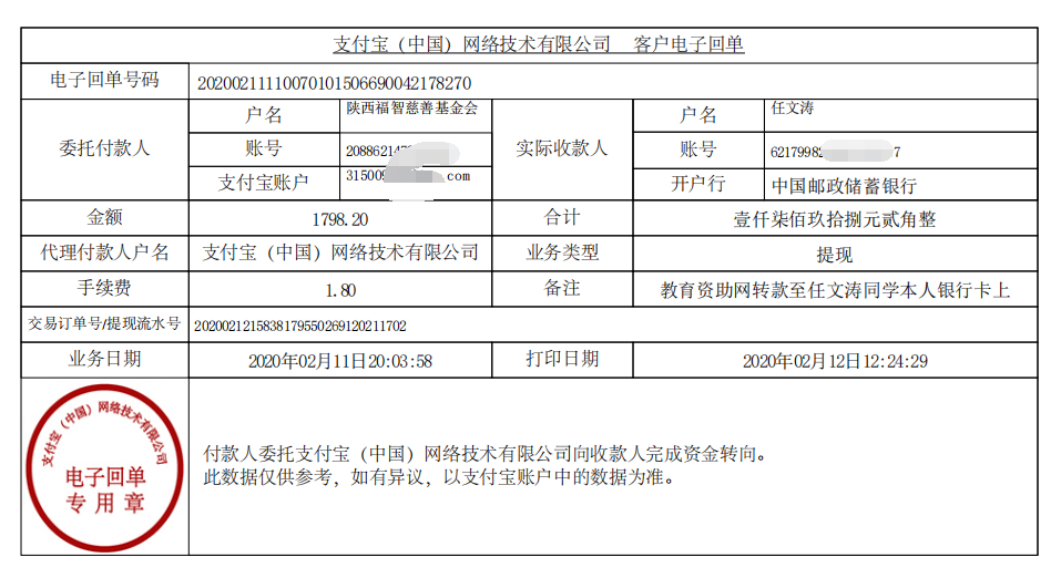 教育资助网给任文涛同学转款的电子回单