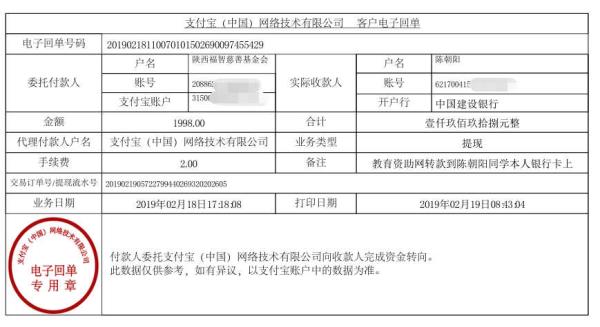 天禾一对一教育资助项目转款给陈朝阳同学的电子回单