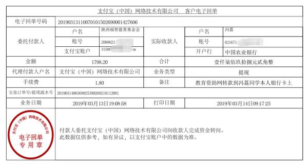 天禾一对一教育资助项目转款给冯荔同学的电子回单