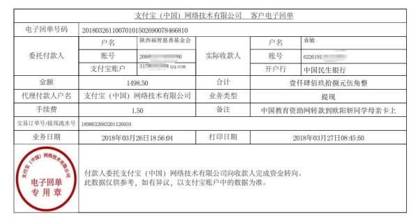 中国教育资助网给欧阳妍同学转款电子回单