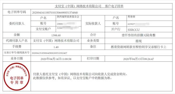 教育资助网给程怡同学转款的电子回单