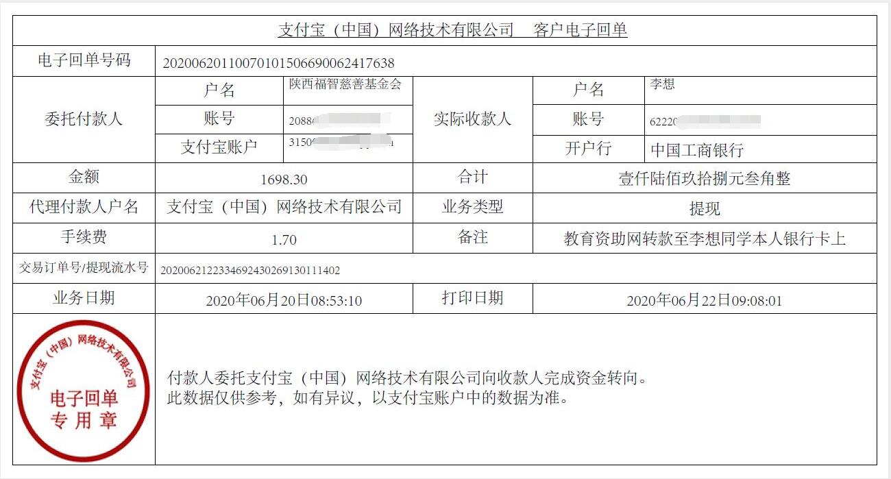 天禾一对一教育资助项目给李想同学转款的电子回单